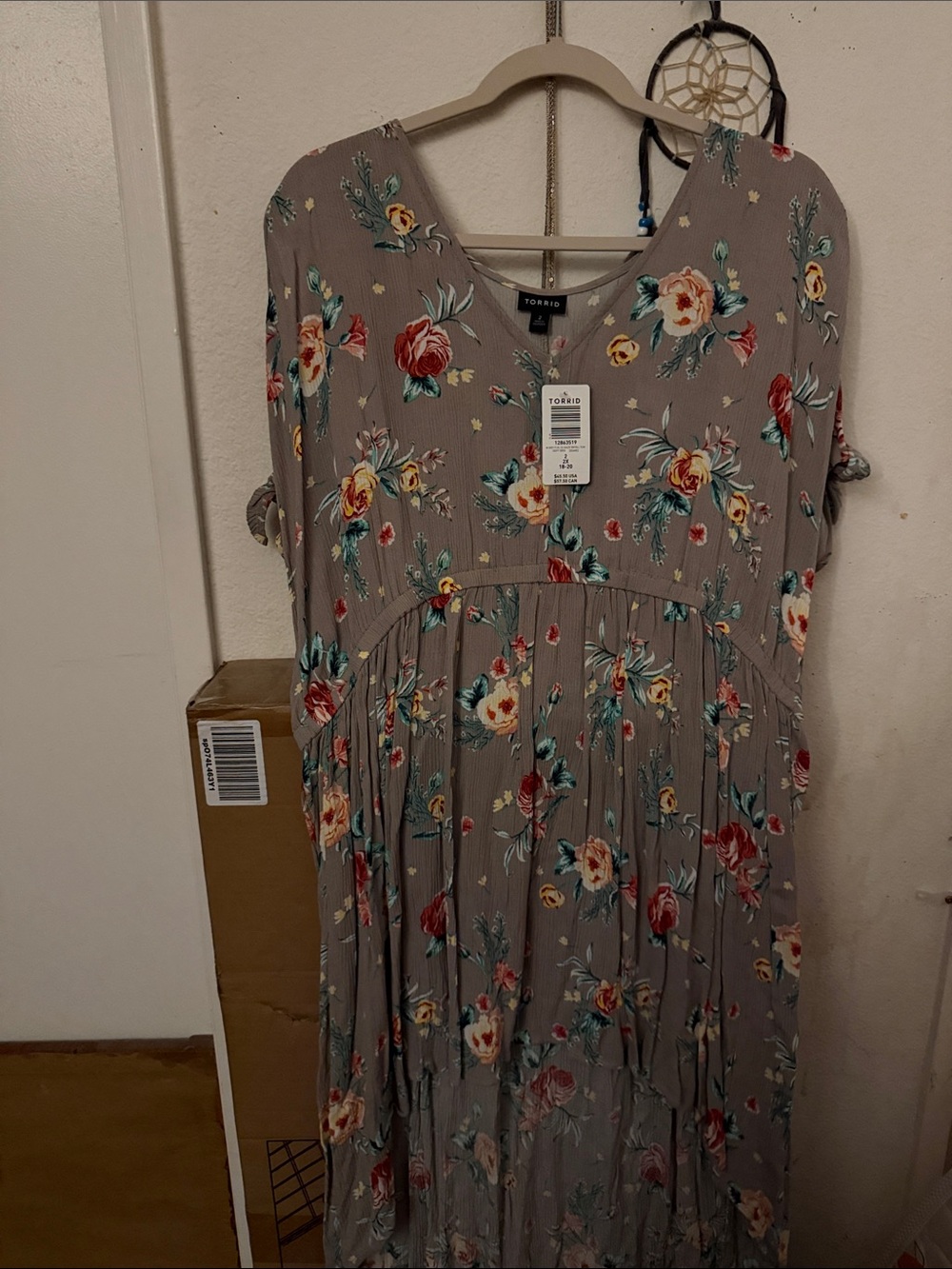 torrid Taupe Floral Tiered Maxi Dress with Red and Yellow Blooms